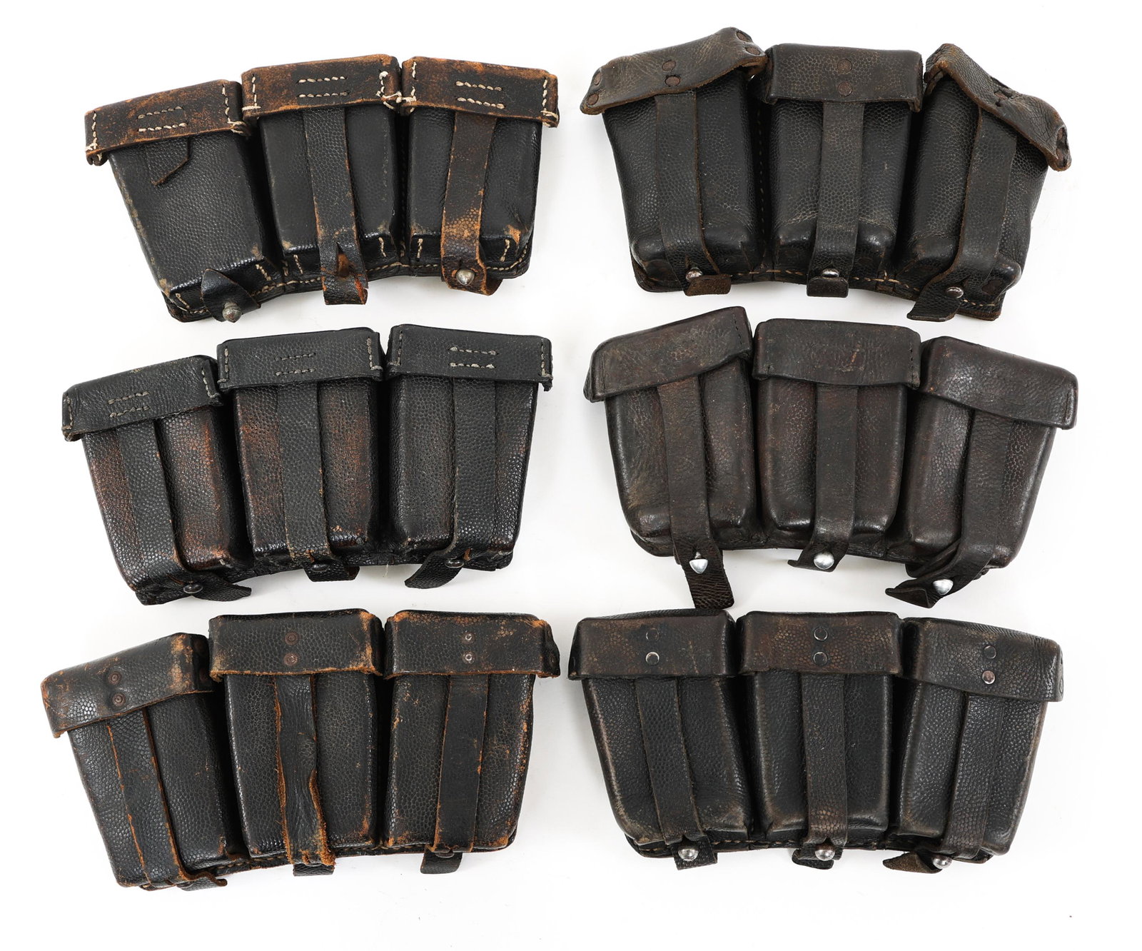WWII GERMAN ARMY K98 MAUSER AMMO POUCH LOT OF 6: WWII GERMAN ARMY K98 MAUSER AMMO POUCH LOT OF 6 WWII German Army K98 Mauser Rifle 3 pockets ammo leather pouch, lot of 6. Mismatch with various dates and maker marks.