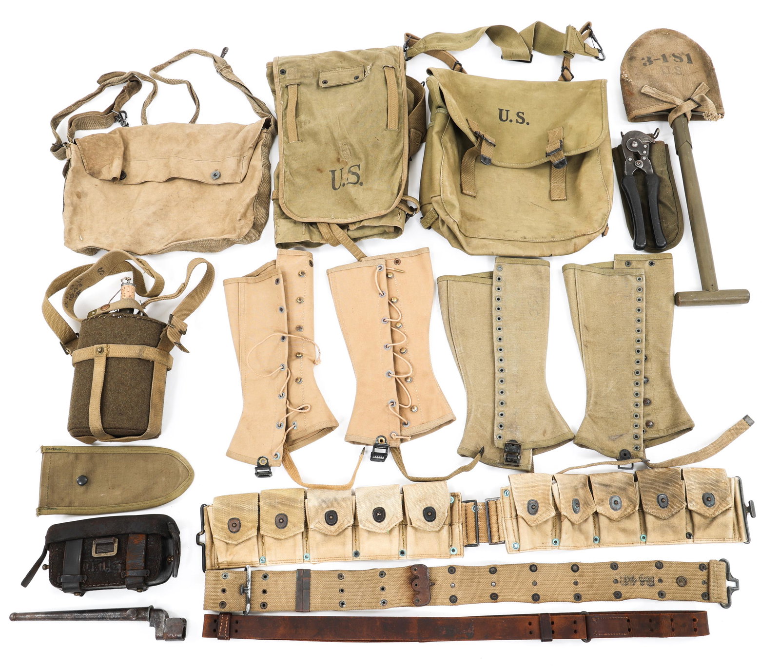 WWI - WWII US AND WORLD ARMY FIELD GEAR LOT: WWI - WWII US AND WORLD ARMY FIELD GEAR LOT WWI - WWII US, French and British Army field gear lot. (1) WWII US Army M36 rubberized musette, dated 1943. (1) US Army M28 Knapsack, dated 1942. (1) US Arm