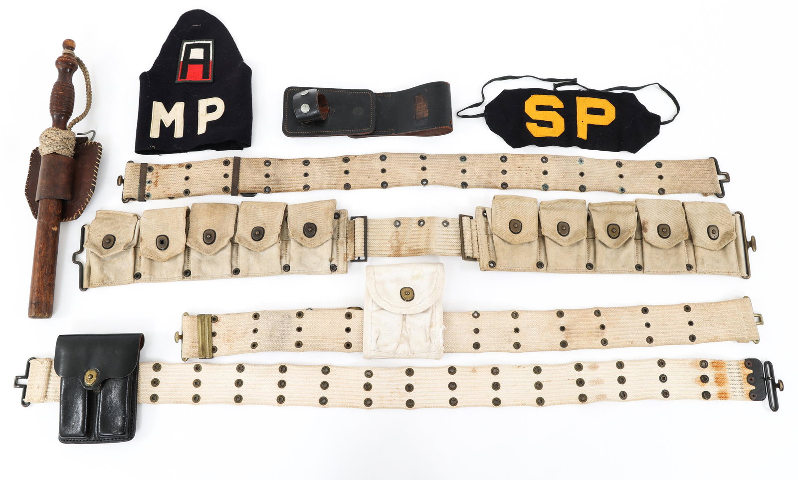 WWII KOREA US ARMY MILITARY POLICE FIELD GEAR LOT: WWII KOREA US ARMY MILITARY POLICE FIELD GEAR LOT WWII - Korea War era US Army MP Military Police field gear lot. Including; Pistol belts, Ammo belt, baton, Armbands and 45.cal magazine pouches.