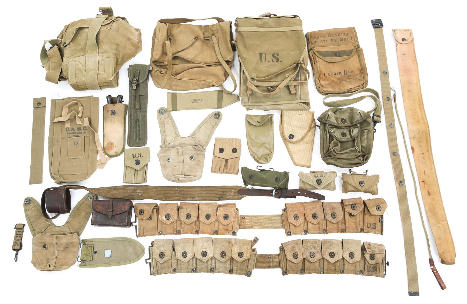 WWII US ARMY CARTRIDGE BELT & FIELD GEAR LOT: WWII US ARMY CARTRIDGE BELT & FIELD GEAR LOT Mixed lot of WWII US Army field gear, M23 cartridge belts, M1928 backpack, gas mask, USMC m1941 lower knapsack, first aid kits, USMC canteen carriers, Colt