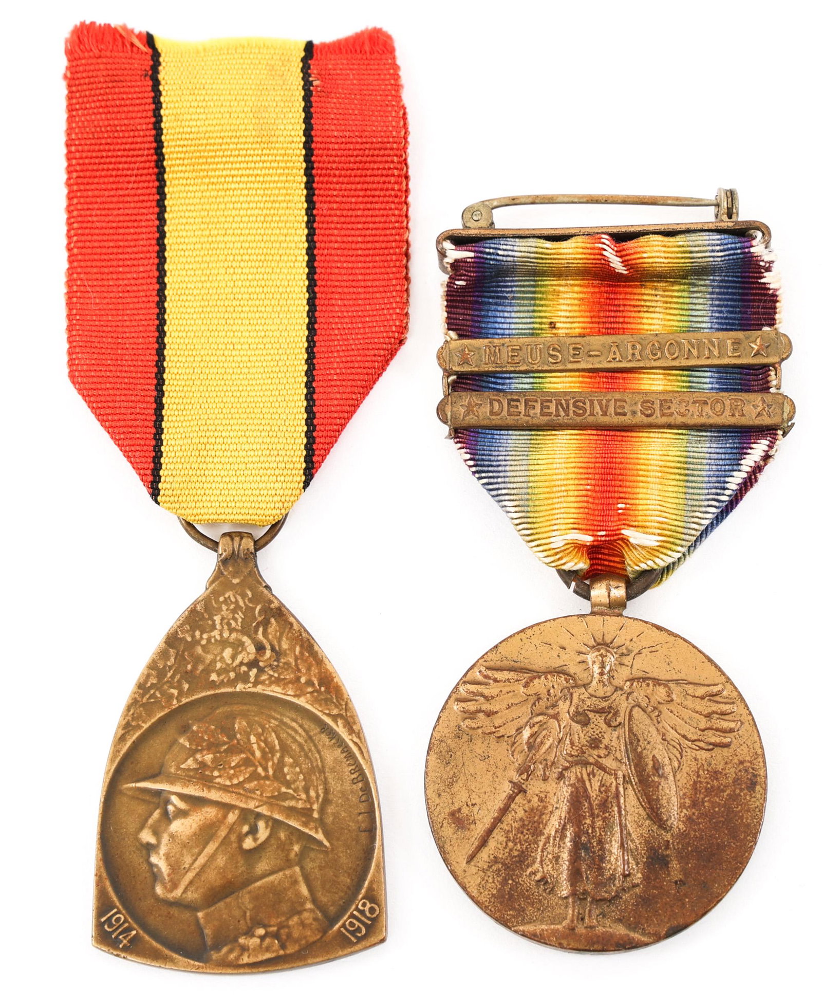 WWI US VICTORY MEDAL & WWI BELGIUM WAR MEDAL: WWI US VICTORY MEDAL & WWI BELGIUM WAR MEDAL Lot of 2 Medals. (1) WWI US Armed Forces Victory Medal with "Meuse-Argonne" & Defensive-Sector" clasps. (1) WWI Belgium Commemorative War medal 1914-1918. 