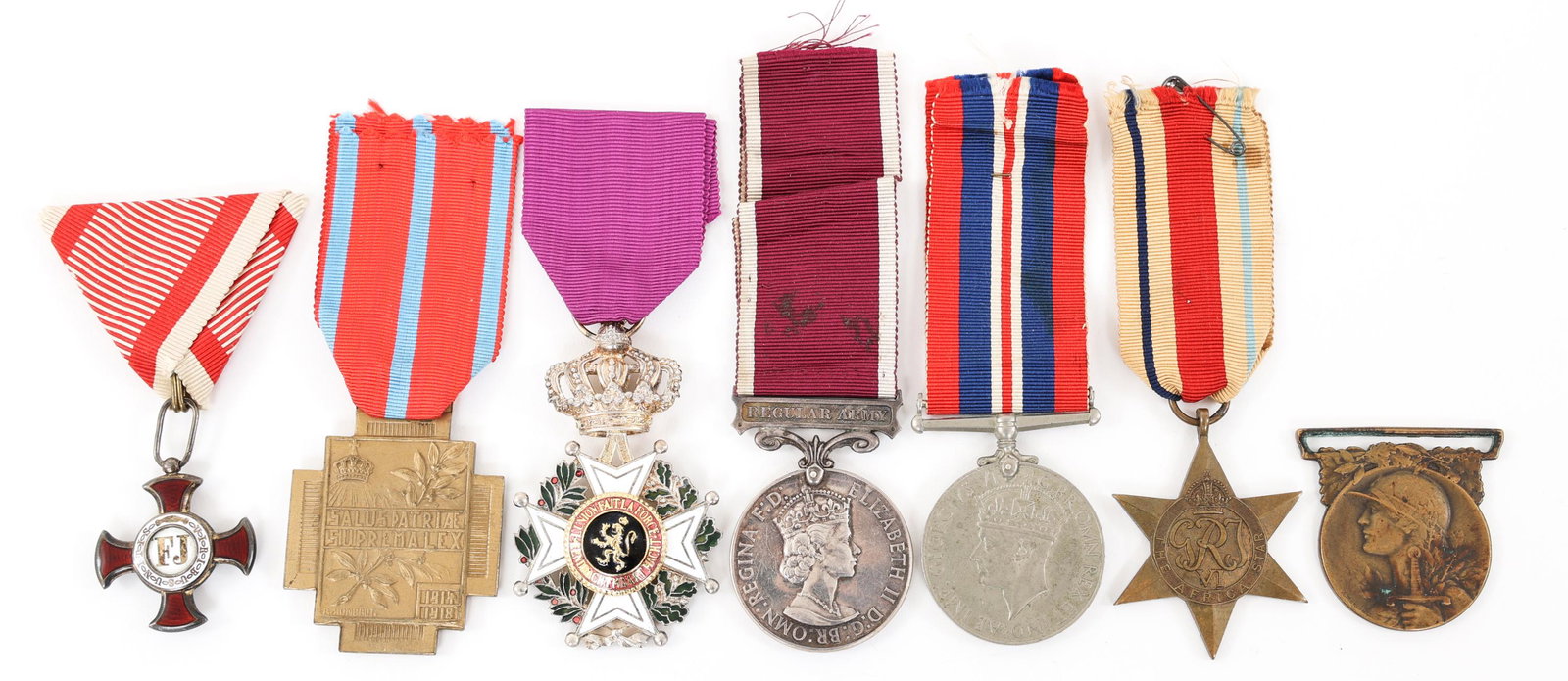 BRITISH - BELGIUM - FRENCH & AUSTRIAN MEDALS LOT: BRITISH - BELGIUM - FRENCH & AUSTRIAN MEDALS LOT Lot of 6 Medals. Includes (1) WWII British 1939 - 1945 Service medal. Unnamed. (1) WWII British Africa Star. (1) Cold War British Queen Elizabeth II Lo