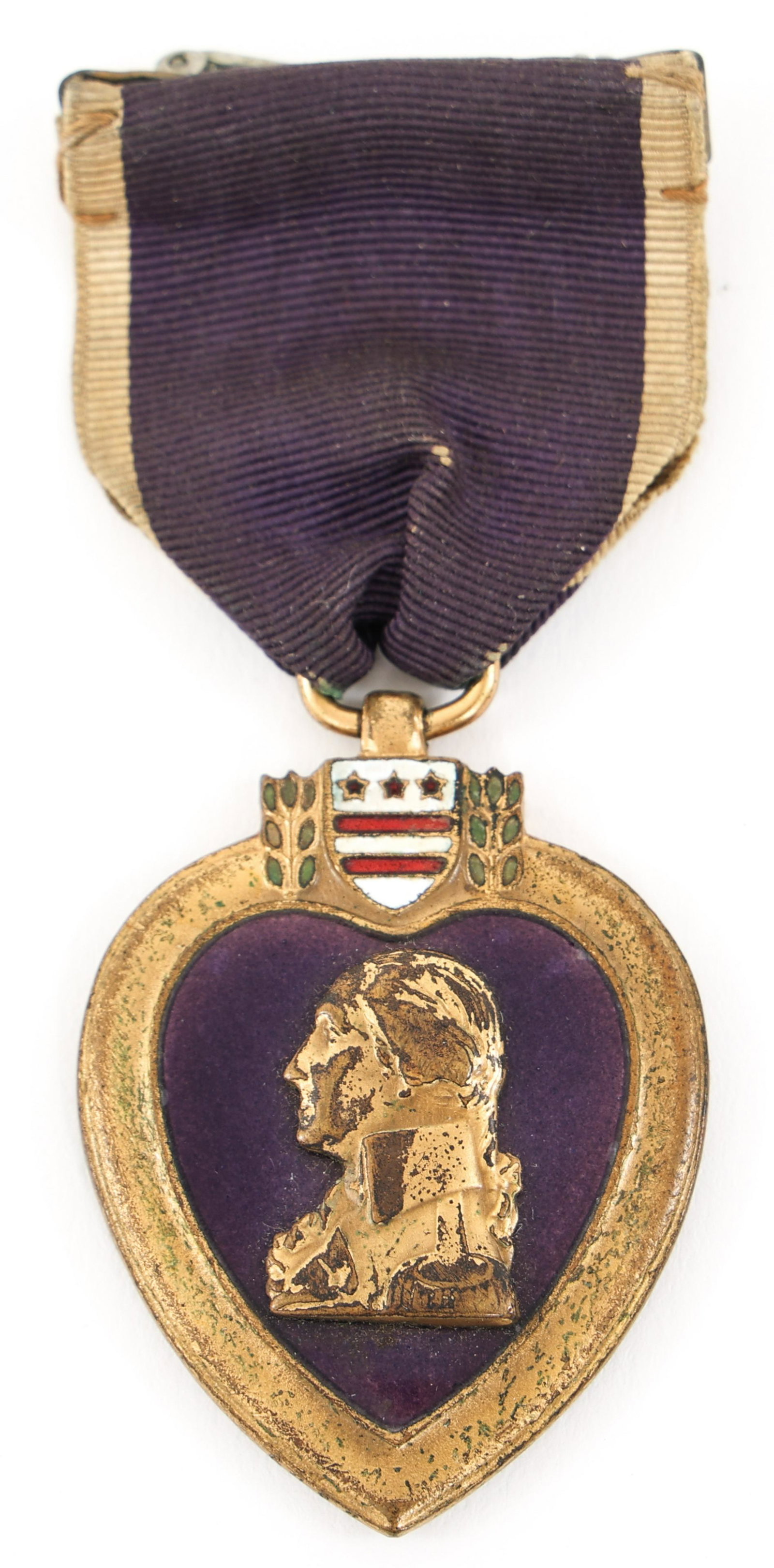 US ARMY 1932 BB&B NAMED PURPLE HEART MEDAL: US ARMY 1932 BB&B NAMED PURPLE HEART MEDAL US Army / Navy / USMC 1932 Bailey Banks & Biddle Purple Heart Medal. Named to "Josesph C. Argen", Serial number "6787". Made of Bronze with Gold gilt. Enamel