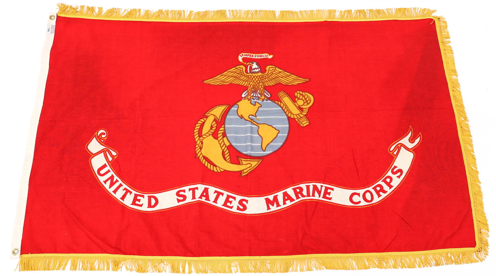 VIETNAM WAR ERA US MARINE CORPS FLAG: VIETNAM WAR ERA US MARINE CORPS FLAG Vietnam War Era US Marine Corps Flag by Valley Forge. 100% Cotton double side printed with gold fringe. Size: 3' x 5'