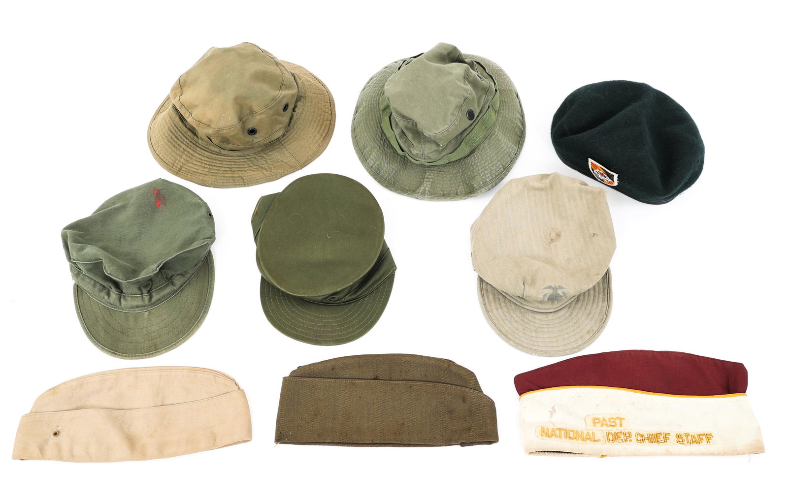 WWII - COLD WAR US ARMY BERET AND HEADGEAR LOT: WWII - COLD WAR US ARMY BERET AND HEADGEAR LOT Lot of 9 WWII - Cold War era US Army & USMC headgear. (1) USMC HBT field cap. (1) USMC OD7 field cap. (1) US Army Ridgeway field cap. (3) Overseas cap. (