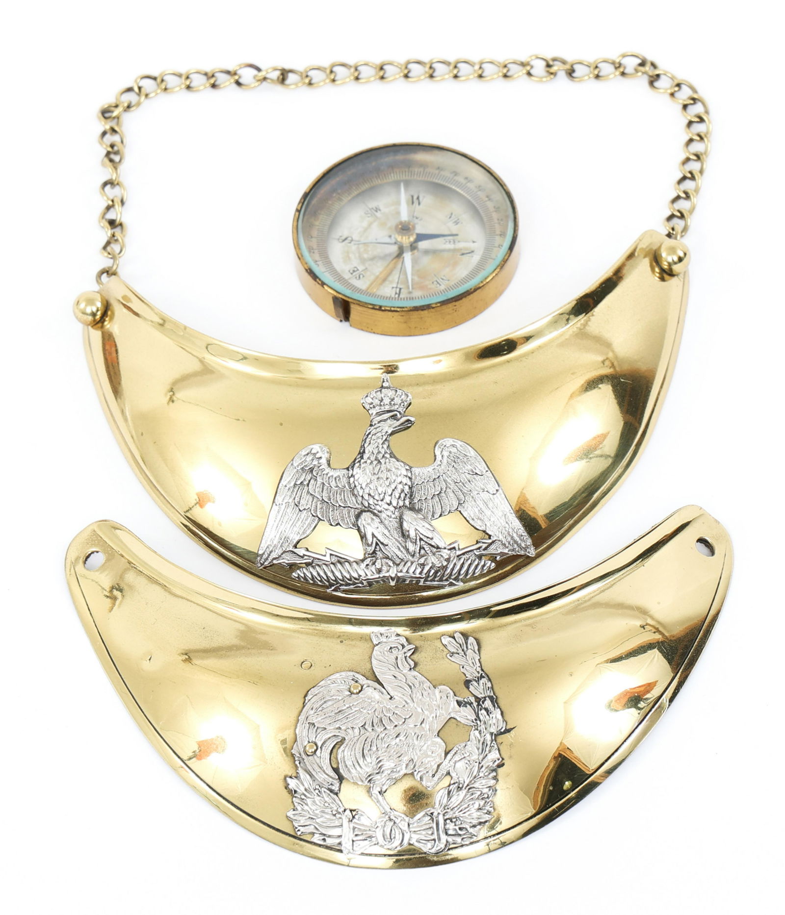 FRENCH ARMY BRASS NECK GORGETS & COMPASS: FRENCH ARMY BRASS NECK GORGETS & COMPASS (1) French Infantry Officer "Monarchie de Juillet" (Rooster) Hausse-Col (gorget) with an applied, silvered cockerel surrounded by laurel wreaths, retained in t
