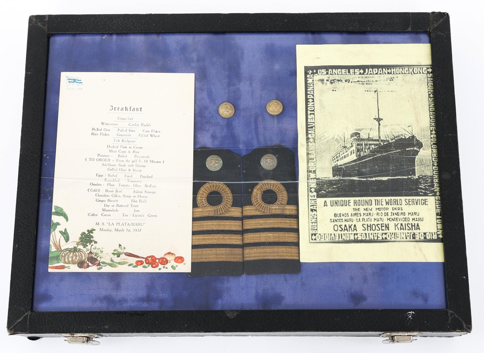 PRE WWII JAPANESE OSK CRUISE LINE OFFICER GROUP: PRE WWII JAPANESE OSK CRUISE LINE OFFICER GROUP Pre WWII Imperial Japanese Cruise Line O.S.K Line "Osaka - Shosen - Kaisha" small group. Including Captain shoulder boards, 2 uniform buttons, Breakfast