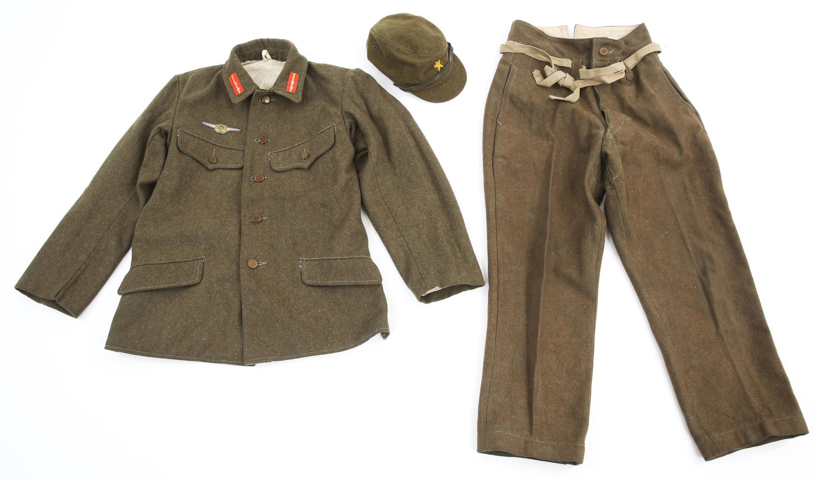 WWII JAPANESE ARMY UNIFORM & HAT GROUP: WWII JAPANESE ARMY UNIFORM & HAT GROUP WWII Japanese Army Type 98 uniform lot. Including (1) Type 98 winter wool tunic with Sergeant collar tabs and Army Aviation wings. (1) Winter wool trousers. (1) 