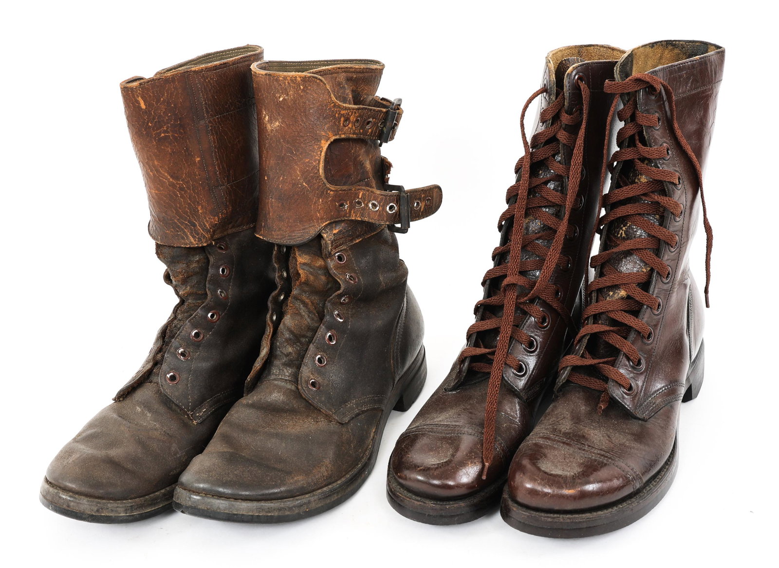 WWII - KOREA US ARMY COMBAT BOOTS LOT OF 2: WWII - KOREA US ARMY COMBAT BOOTS LOT OF 2 Lot of 2 pairs of US Army Combat boots. (1) WWII US Army Double Buckles combat boots. Named to "William B. Wilson, 31347962". Size 8.1/2D. One buckle broken,
