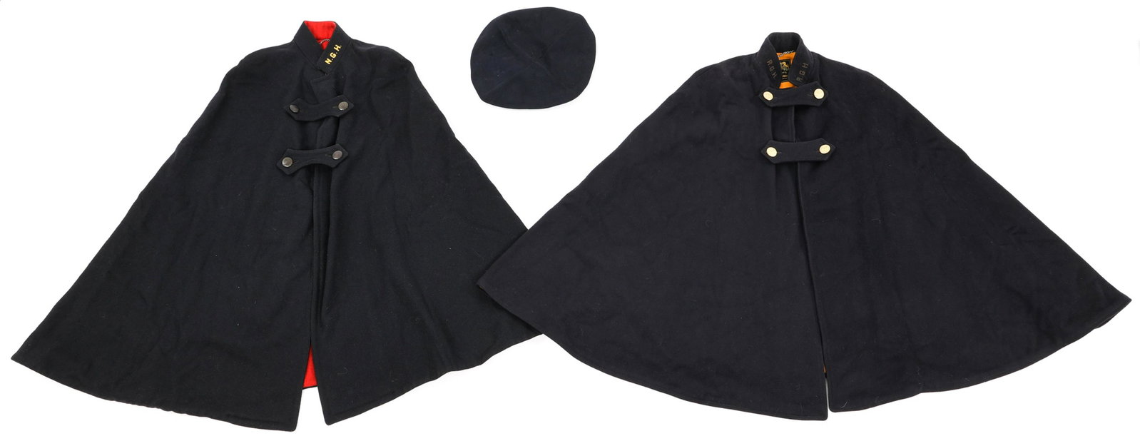WWII - COLD WAR AMERICAN HOSPITAL NURSE WOOL CAPES: WWII - COLD WAR AMERICAN HOSPITAL NURSE WOOL CAPES Lot of 2 WWII - Cold War Era US American Nurse Hospital Capes. (1) Dark blue / black fine wool quality Nurse cape with red linen. Cotton embroidered 