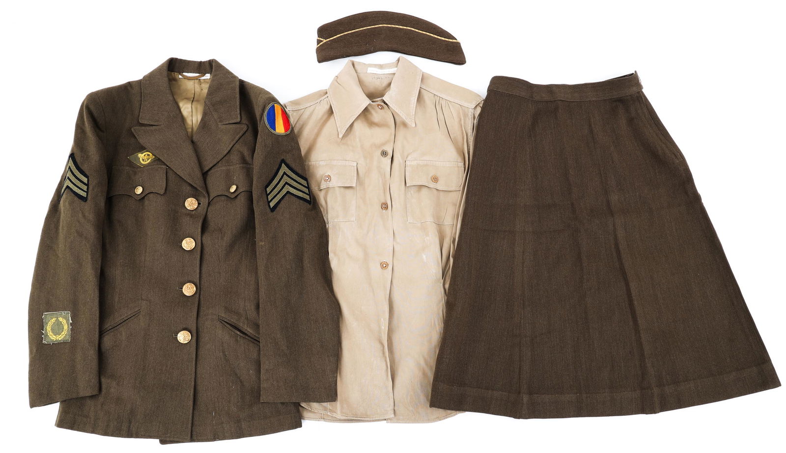 WWII US ARMY WAAC FEMALE SERGEANT NAMED UNIFORM: WWII US ARMY WAAC FEMALE SERGEANT NAMED UNIFORM WWII US Army WAAC female Sergeant Named Uniform set. (1) Olive-Drab Winter Service 4 pockets tunic. Replacement & School Command patch and Sergeant stri