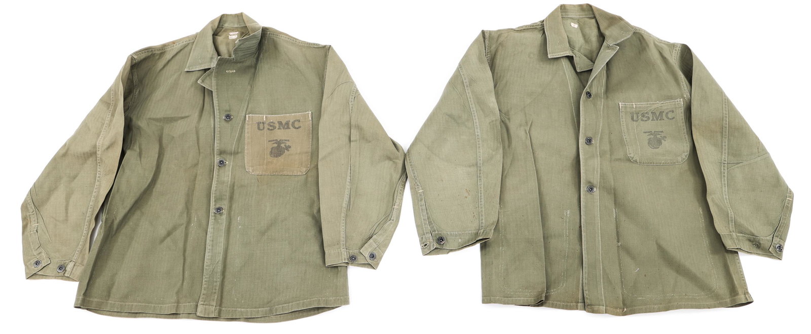 WWII US MARINE CORPS P41 HBT COMBAT JACKETS LOT: WWII US MARINE CORPS P41 HBT COMBAT JACKETS LOT Lot of 2 US Marine Corps P41 HBT combat jackets. The two lower pockets have been removed on both jackets. Size: Large