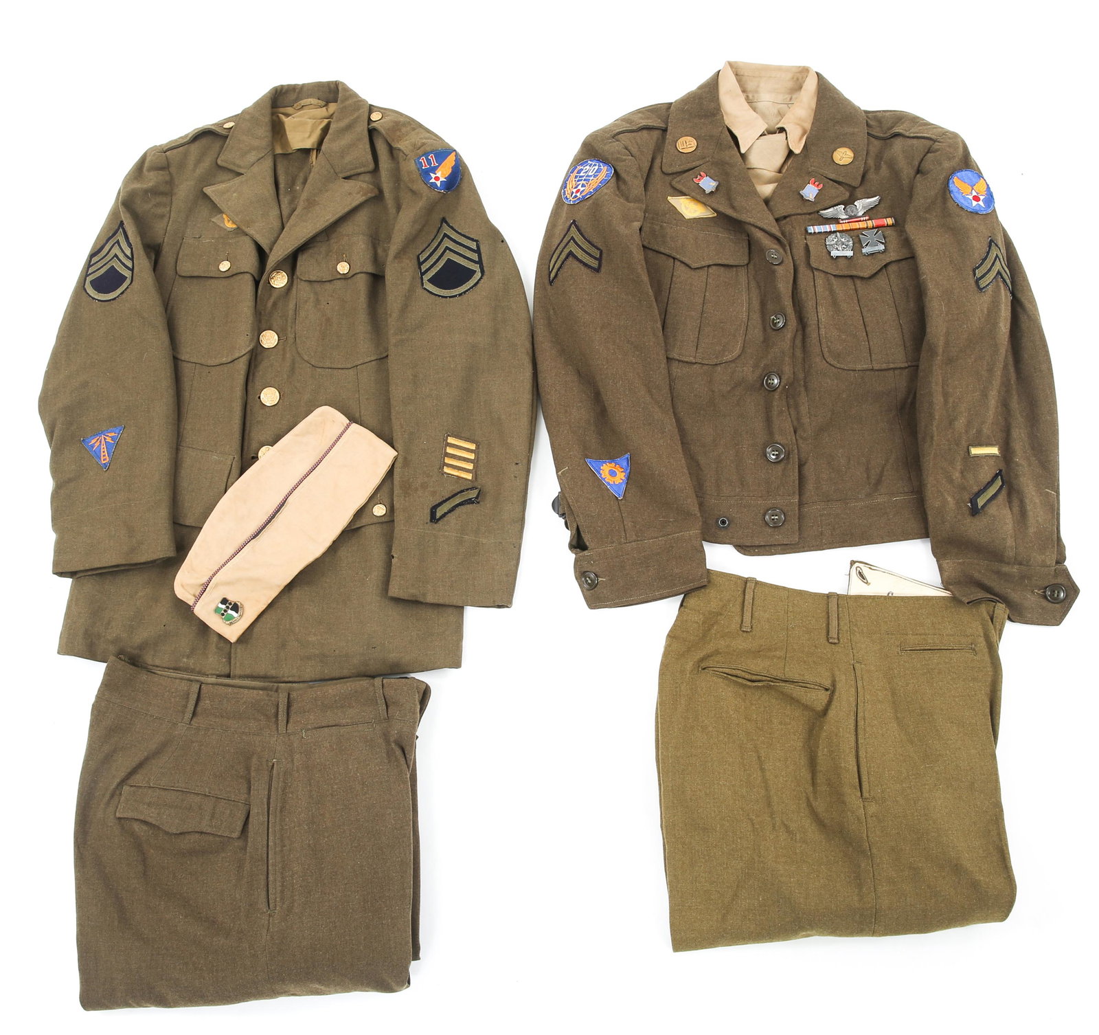 WWII US ARMY 20th & 11th AIR FORCE UNIFORM LOT: WWII US ARMY 20th & 11th AIR FORCE UNIFORM LOT WWII US Army Air force uniform lot. (1) 20th AAF Aircrew Mechanic Corporal (C-2639) uniform lot, including Wool Ike jacket with 20th AF & AAF patches, ra