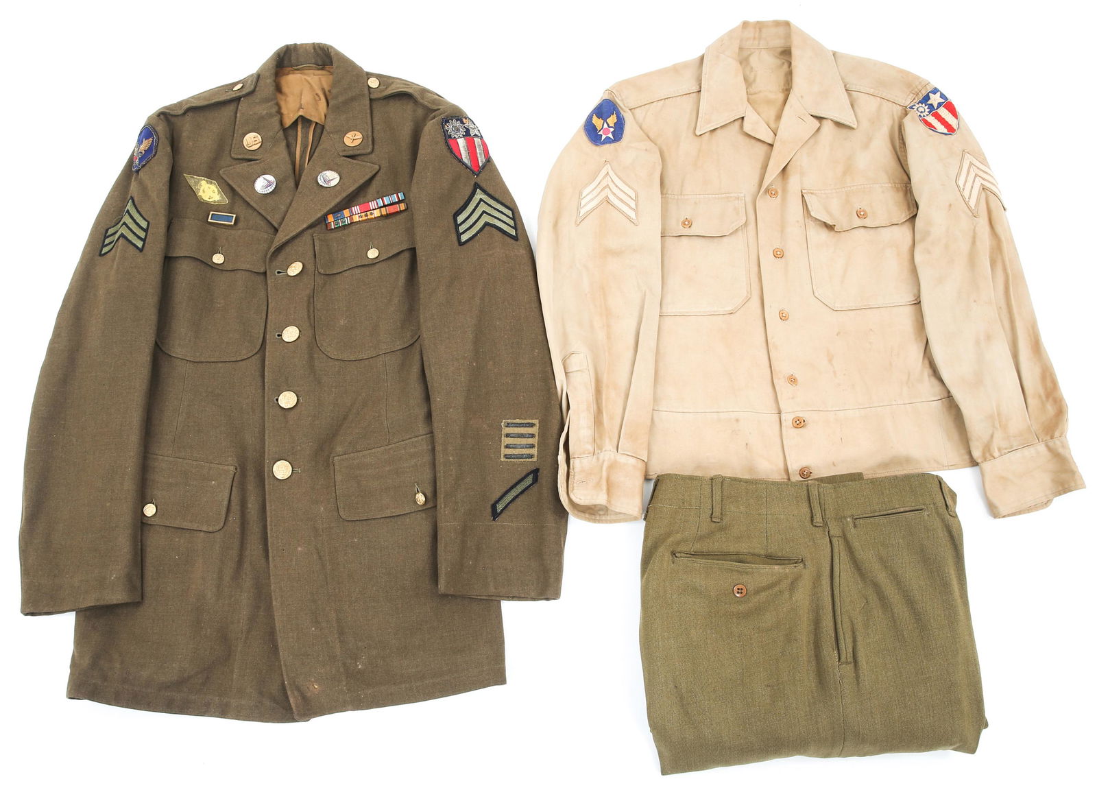 WWII US ARMY AIR FORCE CBI NCO UNIFORM GROUPING: WWII US ARMY AIR FORCE CBI NCO UNIFORM GROUPING WWII US Army Air Force CBI uniform grouping. Including (1) Wool Serge 4 pockets tunic with theater made heavy bullion CBI & AF patches. Sergeant and ove