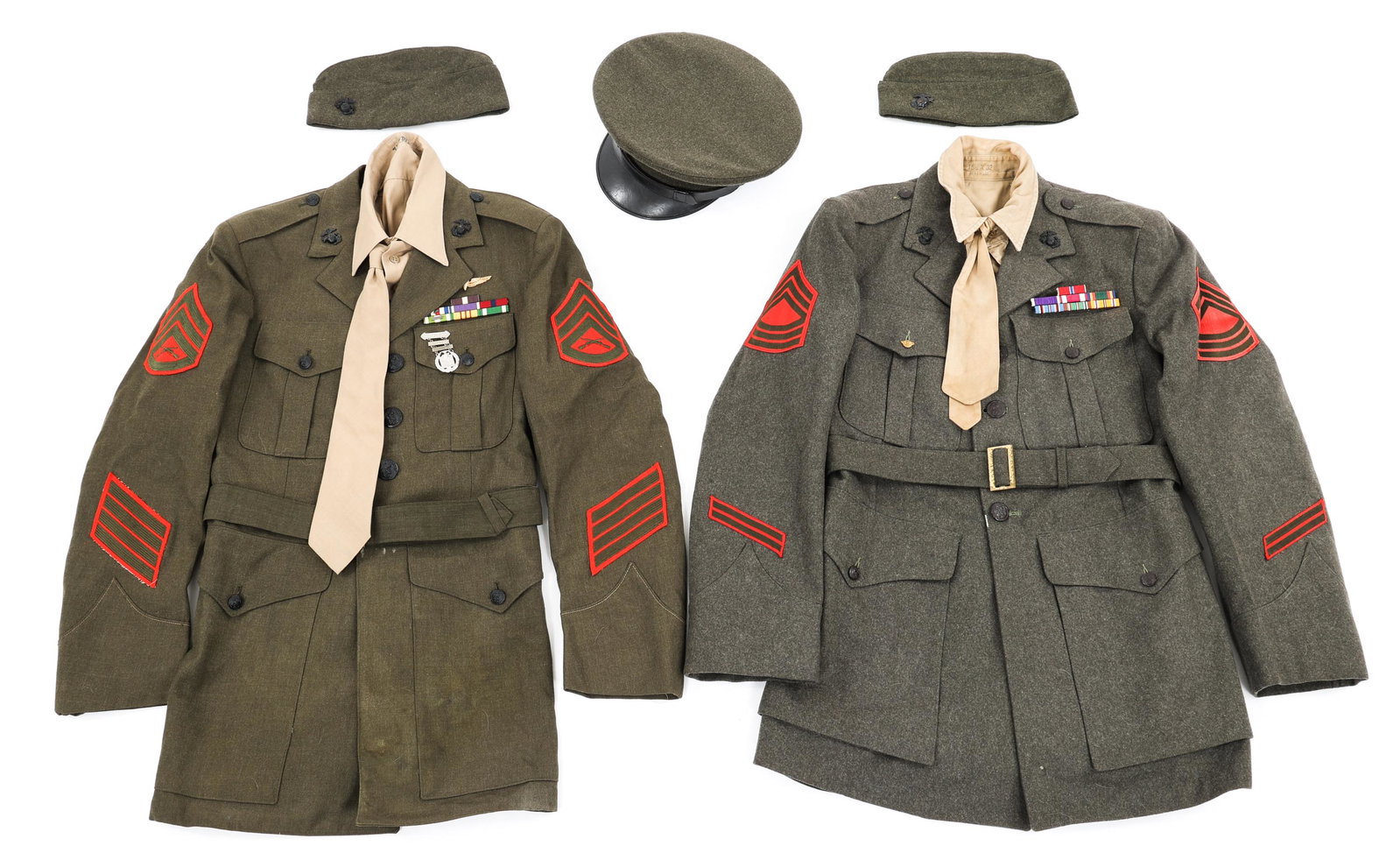 KOREA - VIETNAM US MARINE CORPS UNIFORM LOT: KOREA - VIETNAM US MARINE CORPS UNIFORM LOT US Marine Corps uniforms lot. (1) WWII - Korea USMC NCO wool service green tunic, dated 1945-46, ribbon bar and collar EGAs. Visor cap, khaki shirt & tie. (