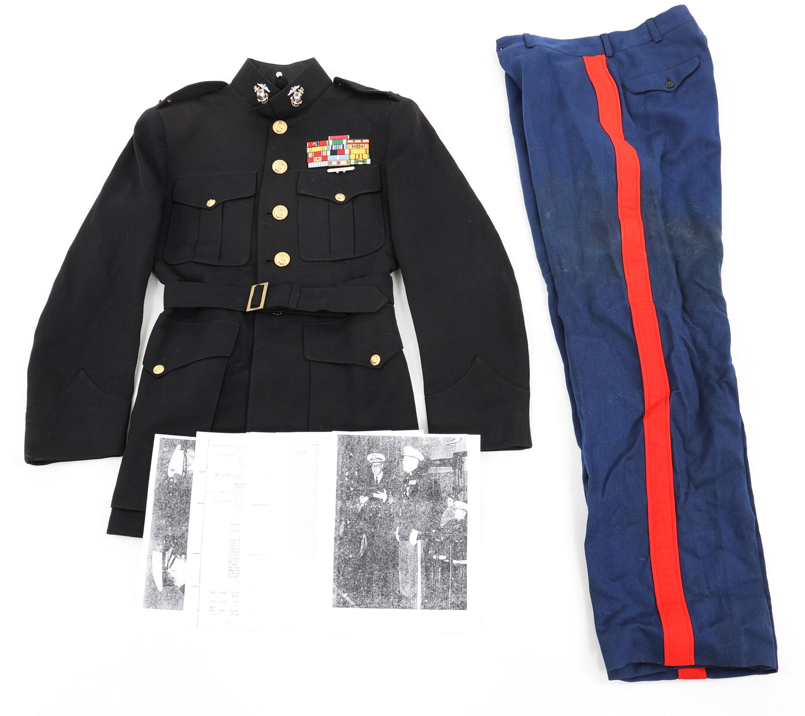 US MARINE CORPS OFFICER UNIFORM & DOCUMENTS: US MARINE CORPS OFFICER UNIFORM & DOCUMENTS US Marine Corps Officer Dress Blue Uniform (circa 1960's) & Document photocopies. Belonged to USMC (Ret.) Colonel "Thomas C. Dutton". Enlisted in 1941, Infa