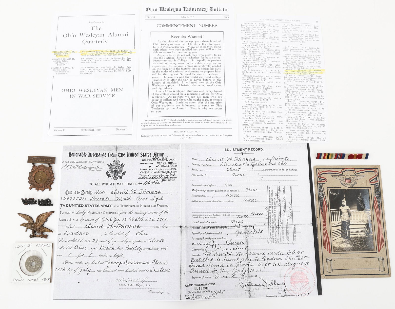 WWI US ARMY 72nd AERO SQUADRON NAMED GROUPING: WWI US ARMY 72nd AERO SQUADRON NAMED GROUPING WWI US Army AEF, 72nd Aero Squadron Grouping, Identified to "David Thomas" who served in France. Includes Photocopies of Documents, cardboard framed pictu