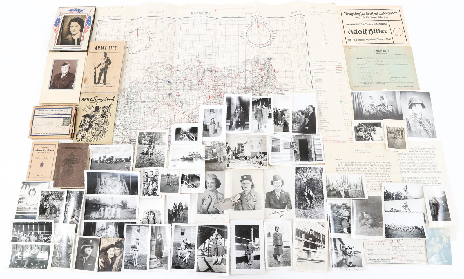 WWII US ARMY NURSE - MAP & GERMAN DOCUMENTS: WWII US ARMY NURSE - MAP & GERMAN DOCUMENTS (1) WWII US Army Nurse "Betty V. Mellinger" photos & Dogtag. Approx. 50 Wartime service photos. Various sizes. (3) Pocket Bible & Service Prayer books. (2) 