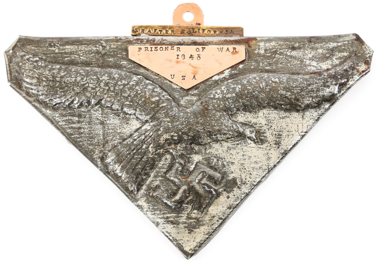 WWII GERMAN POW TRENCH ART MADE AT CAMP SHAFTER: WWII GERMAN POW TRENCH ART MADE AT CAMP SHAFTER German “POW Art” wall plaque was made in 1945 by an unknown German "Luftwaffe" Prisoner-of-War interned at Camp Shafter, California. The mixed metal