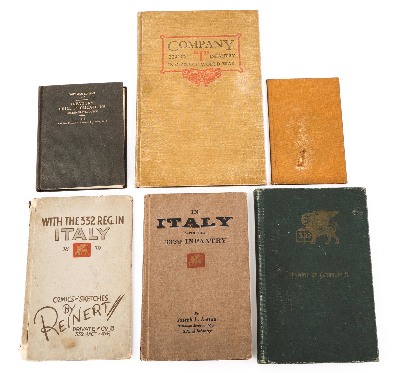 WWI US ARMY AEF 332nd INFANTRY REGIMENT BOOKS LOT: WWI US ARMY AEF 332nd INFANTRY REGIMENT BOOKS LOT WWI US Army AEF 332nd Infantry Regiment books lot. (1) "With the 332 Reg, IN Italy 18-19" Comics and sketches by Reinert, published in 1919, apprx 25 