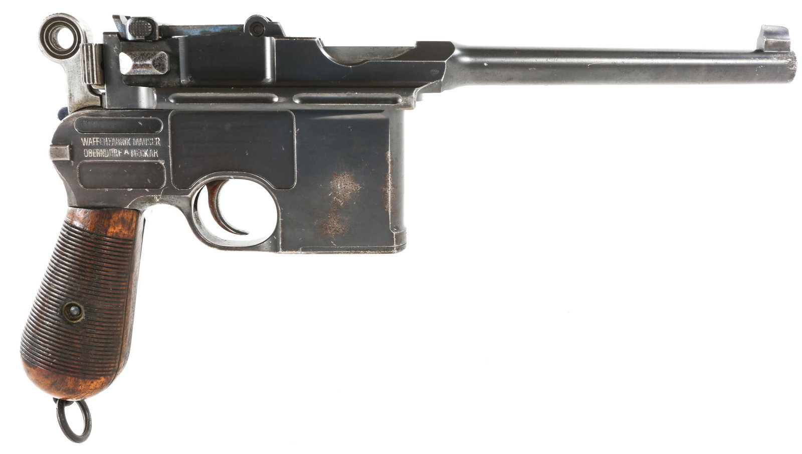 1903 IMPERIAL GERMAN C96 BROOMHANDLE PISTOL: 1903 IMPERIAL GERMAN C96 BROOMHANDLE PISTOL 1903 Imperial German Mauser model C96 Prewar Commercial variant 7.63x25mm semi-automatic pistol. Matching serial number on frame, barrel, and back of wrist.