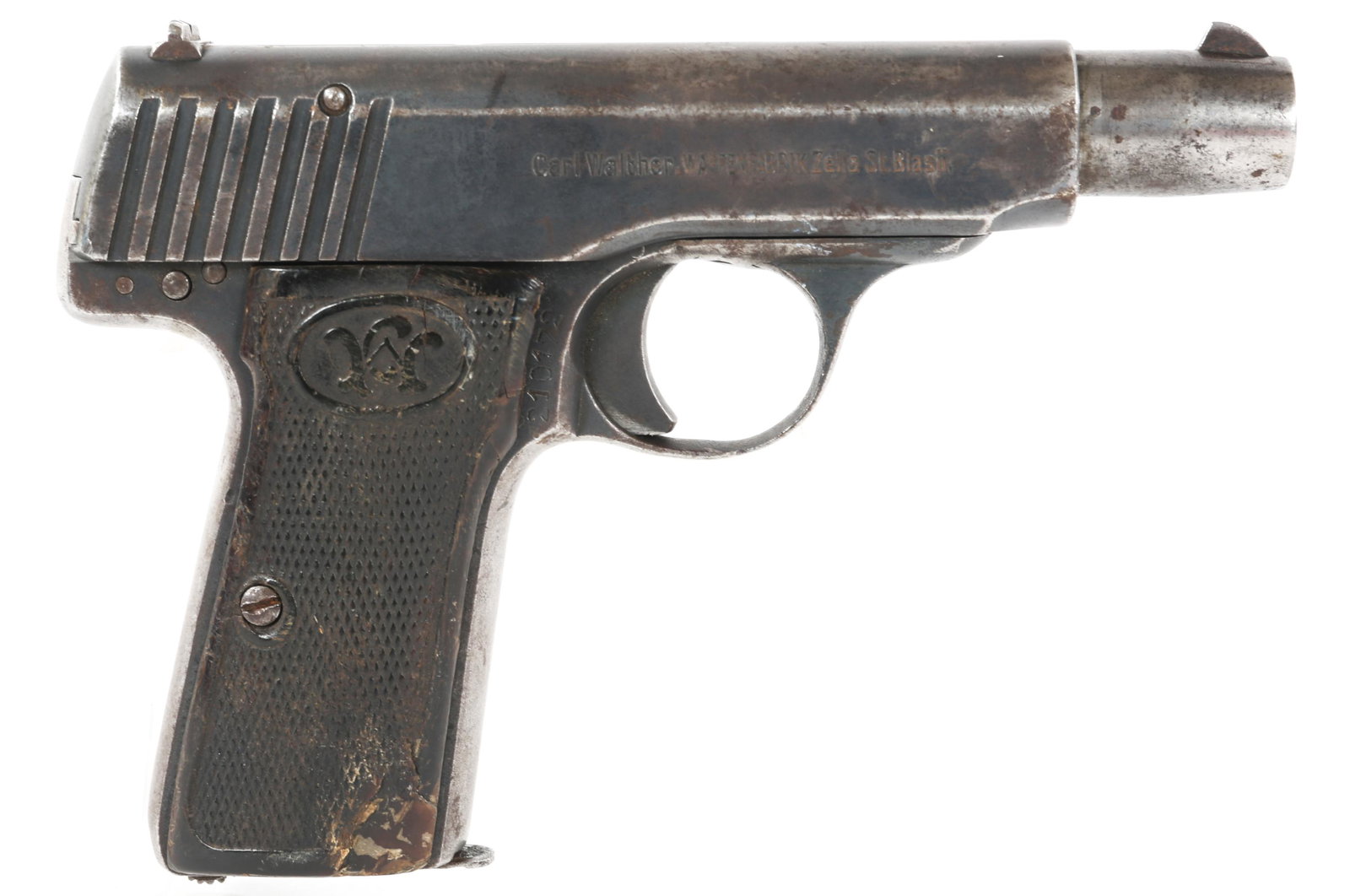 WALTHER MODEL 4 7.65mm CALIBER PISTOL: WALTHER MODEL 4 7.65mm CALIBER PISTOL 1916 Walther Model 4 7.65mm caliber semi-automatic pistol. Checkered composite Walther grips. One magazine. Caliber / Gauge: 7.65mm Barrel Length: 3.5" Serial Num