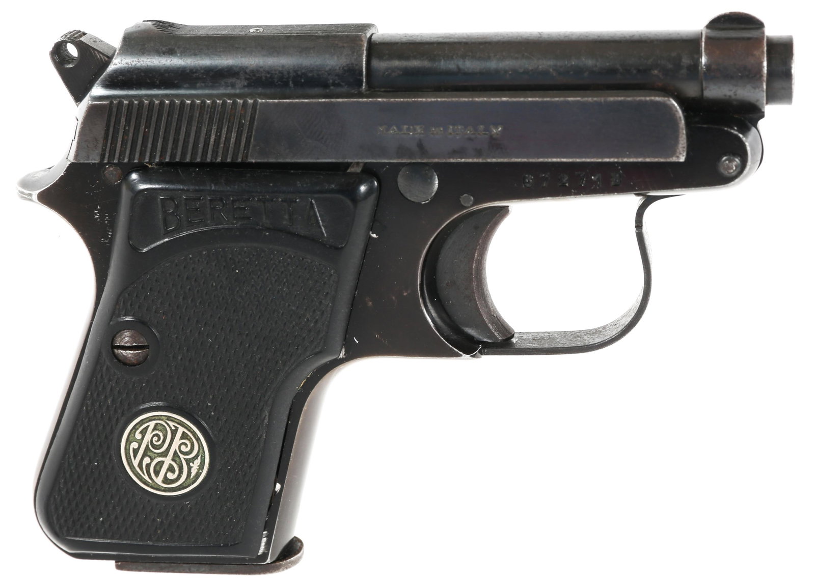 BERETTA MODEL 950 6.35mm CALIBER PISTOL: BERETTA MODEL 950 6.35mm CALIBER PISTOL Beretta Model 950 .25 AXP 6.35mm caliber semi-automatic pistol. Single action trigger. Blued finish. Hard rubber Beretta grips. One magazine. Caliber / Gauge: 6