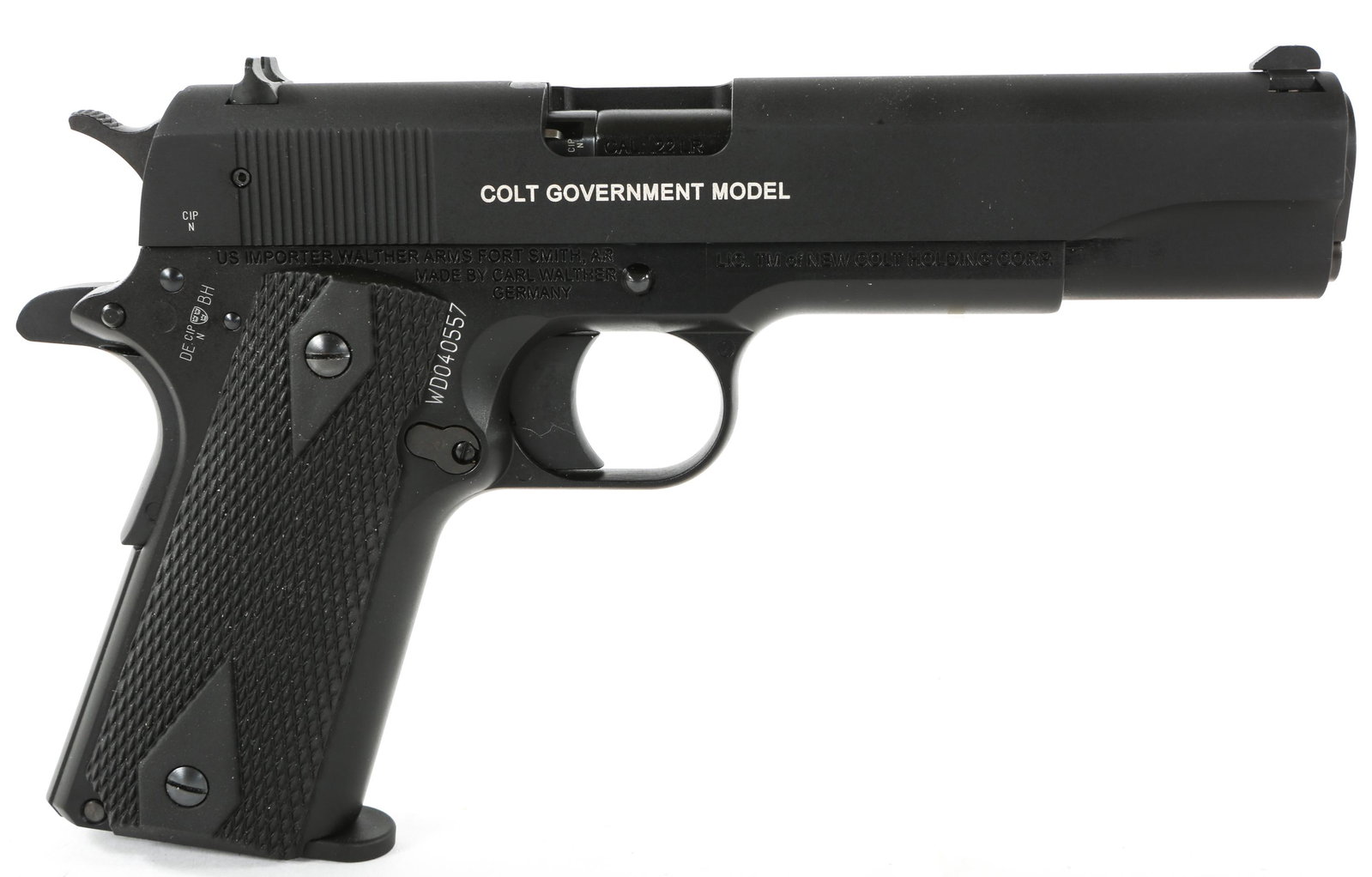 COLT GOVERNMENT MODEL .22LR SEMI AUTOMATIC PISTOL: COLT GOVERNMENT MODEL .22LR SEMI AUTOMATIC PISTOL Colt Government Model .22LR Semi Automatic Pistol. The frame is stamped "US Importer Walther Arms Fort Smith, AR. Made by Carl Walther Germany. LIC. T