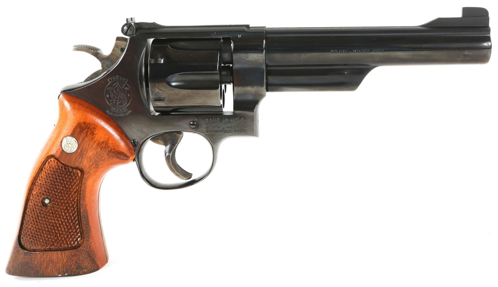 SMITH & WESSON 25-2 MODEL 1955 .45 ACP REVOLVER: SMITH & WESSON 25-2 MODEL 1955 .45 ACP REVOLVER Smith & Wesson model 1955 .45 ACP revolver. Right side of barrel marked "Made in U.S.A. Marcas Registradas Smith & Wesson Springfield, Mass" and circled