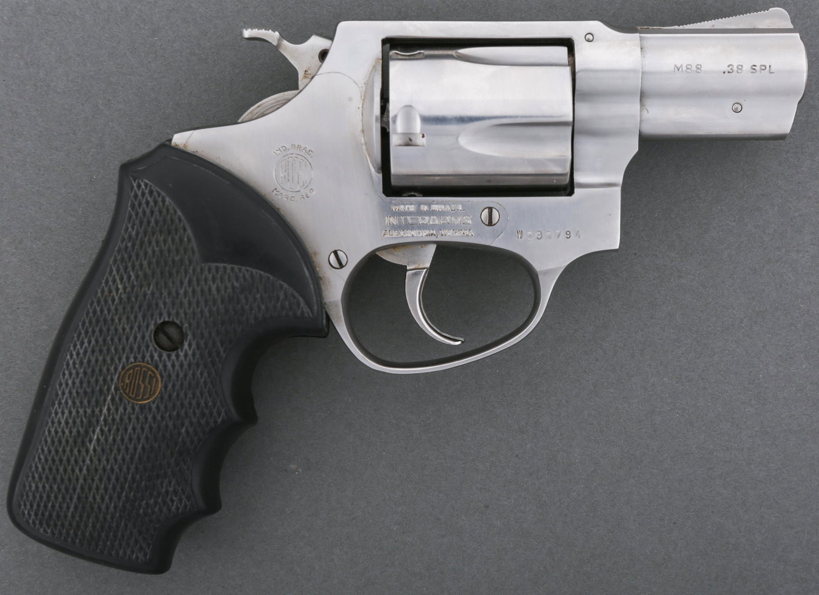ROSSI MODEL 88 .38 SPECIAL REVOLVER: ROSSI MODEL 88 .38 SPECIAL REVOLVER Rossi model 88 .38 Special revolver five shot snub nose with factory case. Import mark stamped "Made in Brazil Interarms Alexandria, Virginia". Stainless steel fini