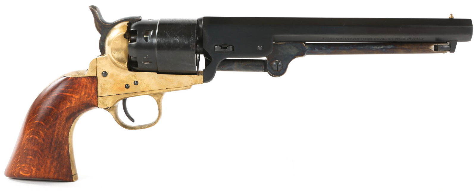 ASM COLT MODEL 1851 NAVY .44 CALIBER REVOLVER: ASM COLT MODEL 1851 NAVY .44 CALIBER REVOLVER Armi San Marcos replica Colt model 1851 Navy black powder .44 caliber revolver. Single action. Blued finish. Side of barrel is stamped "SM Black Powder On