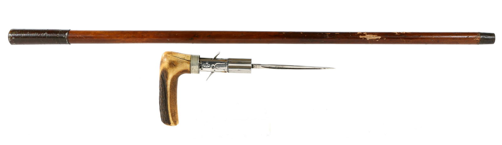 P TOUCHARD PEPPERBOX REVOLVER STILETTO CANE: P TOUCHARD PEPPERBOX REVOLVER STILETTO CANE French P. Touchard stag handle .22 caliber pepperbox revolver with a stiletto dagger designed as a walking cane. Receiver marked "Marque de Fabrique P. T. B