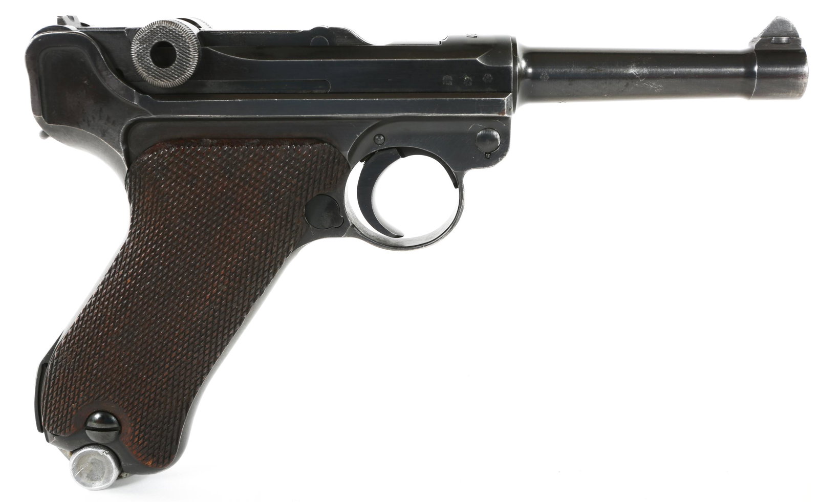 1937 MAUSER MODEL P.08 S/42 LUGER 9mm PISTOL: 1937 MAUSER MODEL P.08 S/42 LUGER 9mm PISTOL 1937 Mauser Model P.08 S/42 9x19mm Semi-Automatic Pistol. The chamber is dated "1937". Matching serial number stamped on the toggle, barrel, frame, magazin