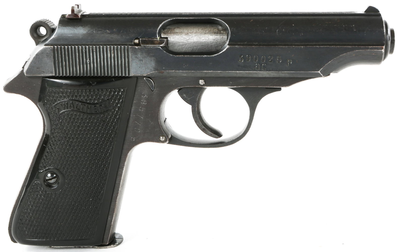 WWII GERMAN WALTHER ac MODEL PP .32 ACP PISTOL: WWII GERMAN WALTHER ac MODEL PP .32 ACP PISTOL WWII German Walther ac model PP .32 ACP semi-automatic pistol. Veteran bring back from WWII. Slide has been replaced. Fixed sights. 8 round magazine. Blu