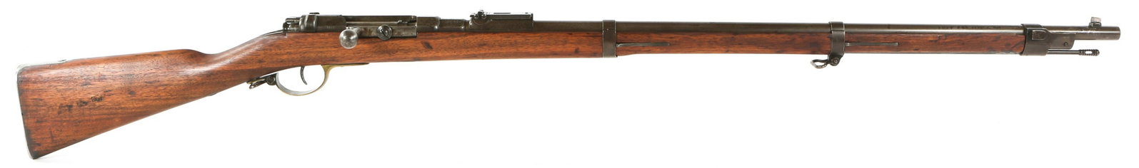1874 MAUSER MODEL 1871 .45-70 BOLT ACTION RIFLE: 1874 MAUSER MODEL 1871 .45-70 BOLT ACTION RIFLE 1874 Mauser Model 1871 .45-70 Bolt Action Rifle. Re-chambered to fire .45-70 rounds. Matching serial number stamped on the bolt, barrel bands, receiver,