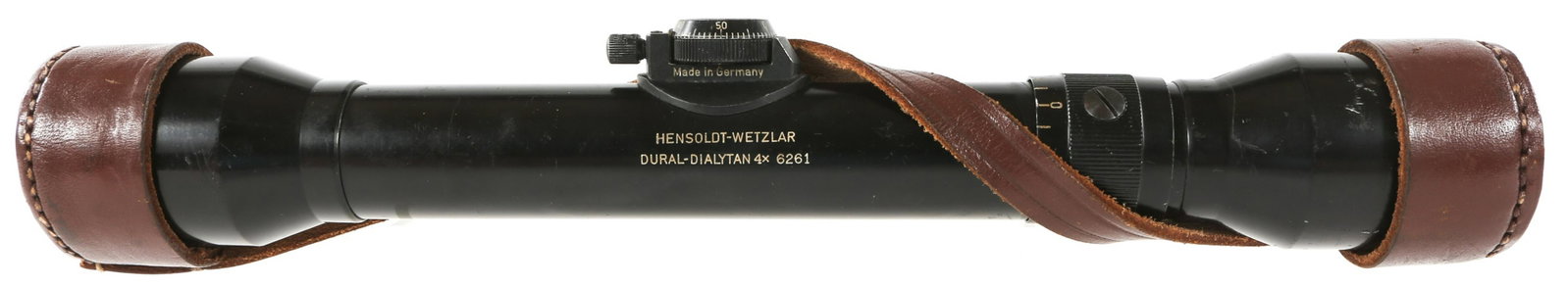 WWII GERMAN HENSOLDT WETZLAR SNIPER RIFLE SCOPE: WWII GERMAN HENSOLDT WETZLAR SNIPER RIFLE SCOPE WWII German Hensoldt Wetzlar model Dural-Dialytan 4x sniper rifle scope. Marked "Made in Germany" on adjustment knob. Marked "Hensoldt-Wetzlar Dural-Dia
