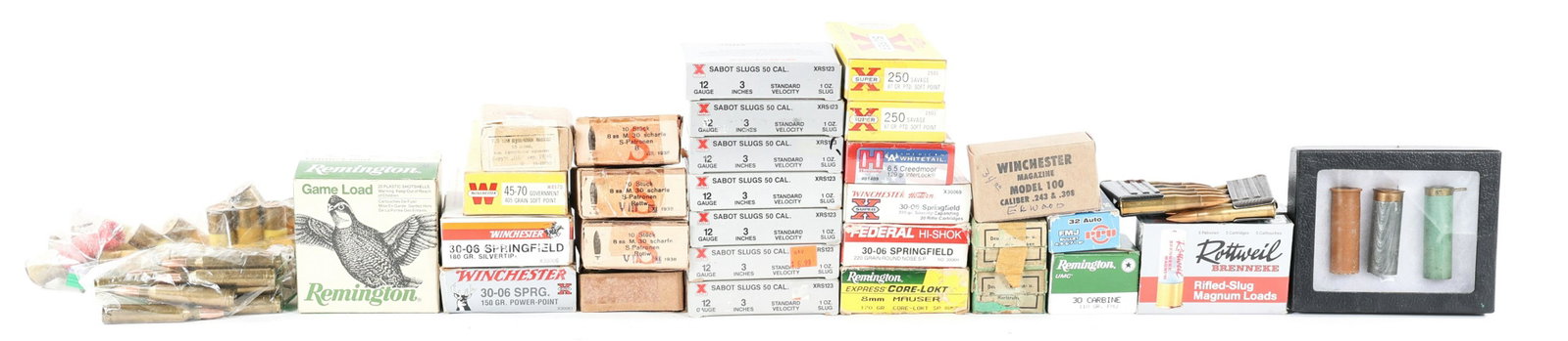 PISTOL RIFLE AND SHOTGUN AMMUNITION 30 POUNDS: PISTOL RIFLE AND SHOTGUN AMMUNITION 30 POUNDS 30 Pounds of Pistol, Rifle, and Shotgun Ammunition. Calibers include 20 GA, 16 GA, 12 GA, .30-06, .250 Savage, 8mm Mauser, and .45-70 GOVT. 50 rounds of 8