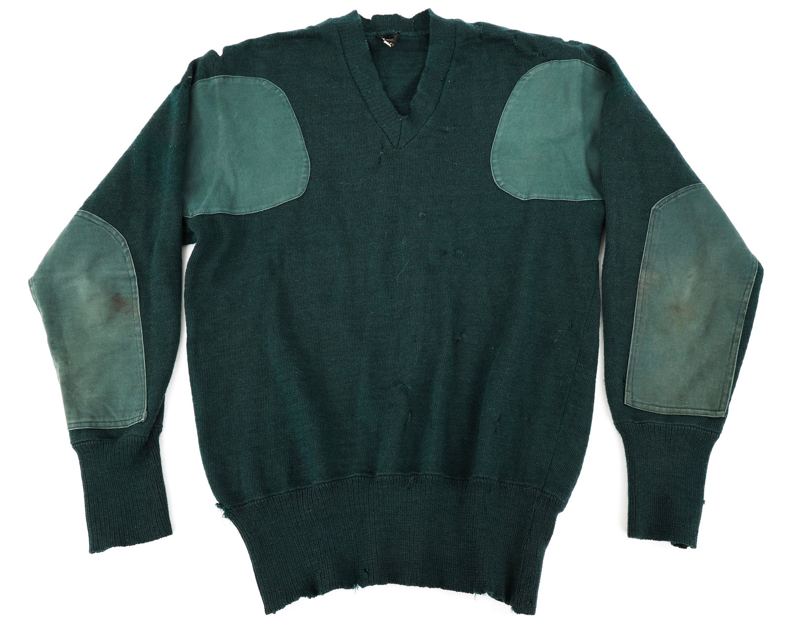 RHODESIAN BUSH WAR ARMY SERVICE GREEN PULLOVER: RHODESIAN BUSH WAR ARMY SERVICE GREEN PULLOVER Rhodesian Bush War, Army Service Wool Green Pullover Sweater with re-enforced Cotton Shoulder & Elbow pads. Provenance | The Dublin Trust Collection: Per