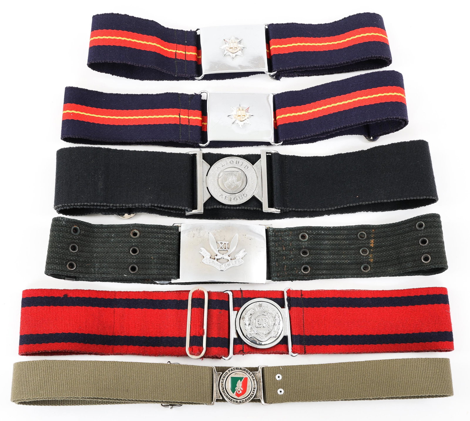 BRITISH & FRENCH FOREIGN LEGION DRESS STABLE BELTS: BRITISH & FRENCH FOREIGN LEGION DRESS STABLE BELTS Lot of 6 British & French Foreign Legion Dress Stable Belts. (2) British Royal Anglian regiment Belts. (1) British AMF "Allied Mobile Force" Belt. (1