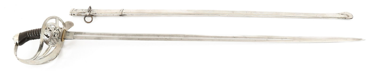 IMPERIAL GERMAN BAVARIAN CAVALRY SWORD MODEL 1889: IMPERIAL GERMAN BAVARIAN CAVALRY SWORD MODEL 1889 Imperial German, Bavarian Cavalry Trooper's Sword Model 1889. Straight fullered bright blade. Early maker mark / knight logo "WKC". Steel based plated