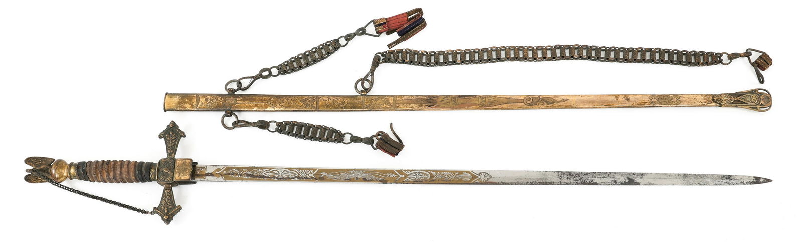 19th C. KNIGHTS TEMPLAR FRATERNAL SWORD: 19th C. KNIGHTS TEMPLAR FRATERNAL SWORD 19th C., Early US Knights Templar Fraternal sword. Flattened Diamond section, double side, acid etched in gilt finish blade (40% remains). Maker mark on the ric