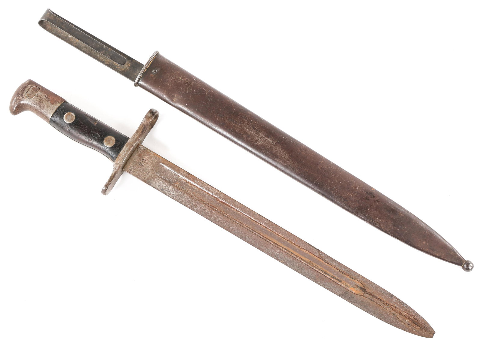US MODEL 1898 KRAG BAYONET WITH STEEL SCABBARD: US MODEL 1898 KRAG BAYONET WITH STEEL SCABBARD US Model 1898 Krag Bayonet with Type I Steel Scabbard. Bright blade (Oxidized) with fuller, stamped "1898" on one side of the ricasso and "US" on the oth