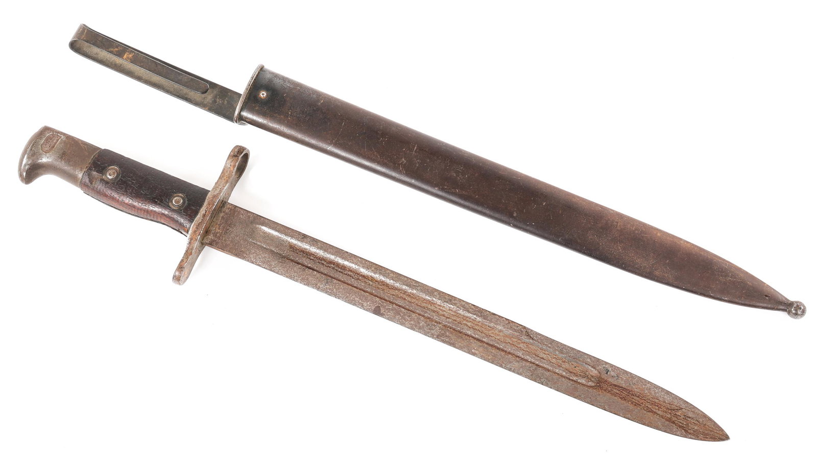US MODEL 1892-98 KRAG BAYONET WITH STEEL SCABBARD: US MODEL 1892-98 KRAG BAYONET WITH STEEL SCABBARD US Model 1892 - 98 Krag Bayonet with Type I Steel Scabbard. Bright blade (Oxidized) with fuller, stamped "1897" on one side of the ricasso and "US" on