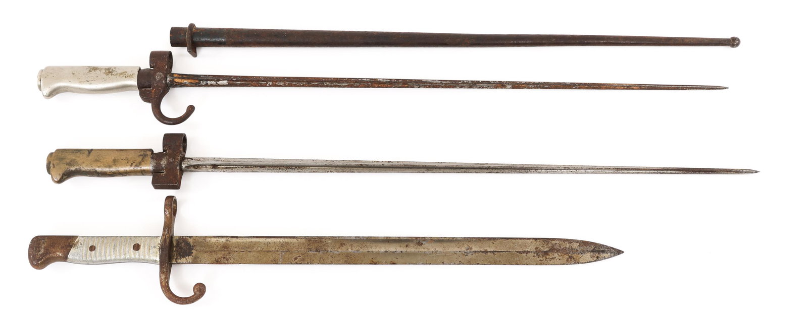 FRENCH MODEL 1886 ROSALIE & ARGENTINA M91 BAYONETS: FRENCH MODEL 1886 ROSALIE & ARGENTINA M91 BAYONETS Lot of 3 French & Argentinean Bayonets. (2) French Model 1886 "Rosalie" bayonets. Cruciform blade, one early model with Silver-Alloy grip and hook qu