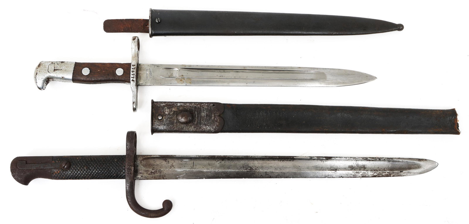 YATAGHAN CUT DOWN & SWISS MODEL 1889/99 BAYONETS: YATAGHAN CUT DOWN & SWISS MODEL 1889/99 BAYONETS Lot of 2 bayonets. (1) Yataghan Style cut down bayonet. No maker or proof marks. Serial numbers stamped on both sides of the guard. Blade length: 14.5"