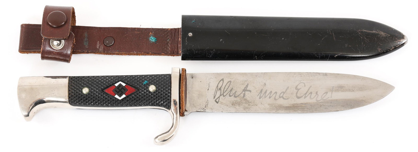 WWII HITLER YOUTH KNIFE WITH MOTTO BY MERTEN: WWII HITLER YOUTH KNIFE WITH MOTTO BY MERTEN WWII Hitler Youth Knife by August Merten circa 1933-1936. Bright blade with highly visible crossgrain, acid etched motto "Blut und Ehre!" on a light gray b