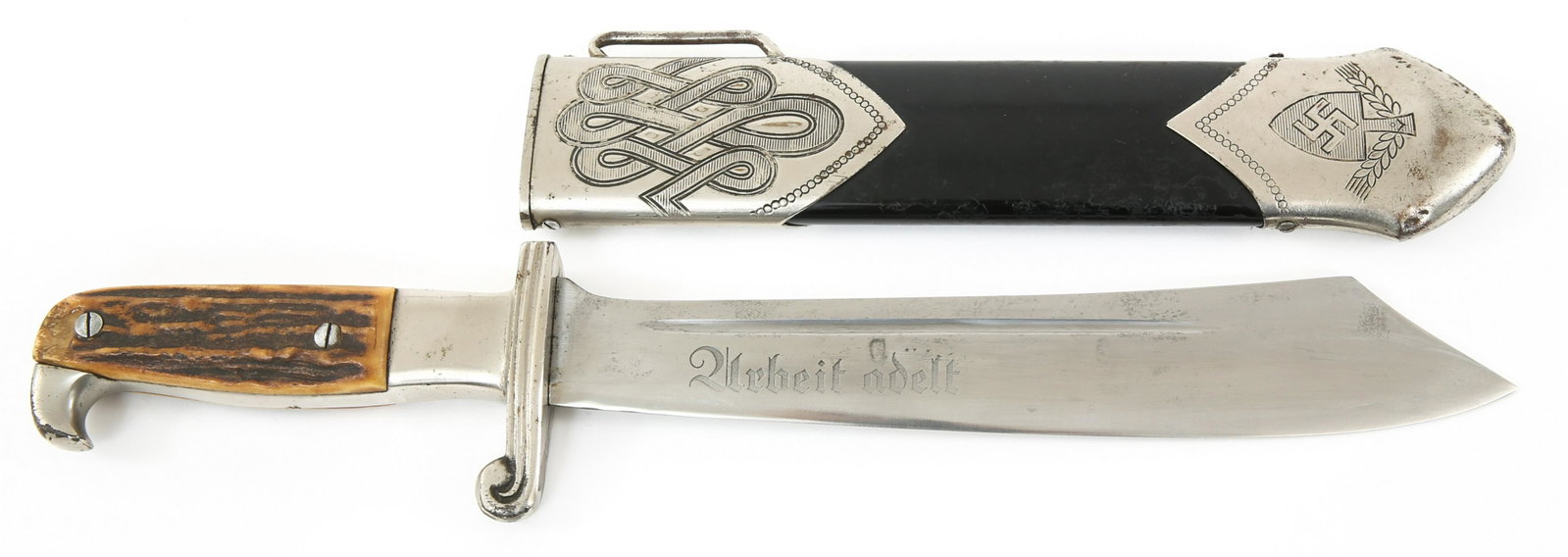 WWII GERMAN ENLISTED MAN RAD DAGGER By KREBS: WWII GERMAN ENLISTED MAN RAD DAGGER By KREBS WWII German Model 1934 RAD Enlisted Man Subordinate Hewer (Reichsarbeitsdiens Hauer für Mannschaften und Unterführer) dagger. Acid etched "Arbeit adelt" 