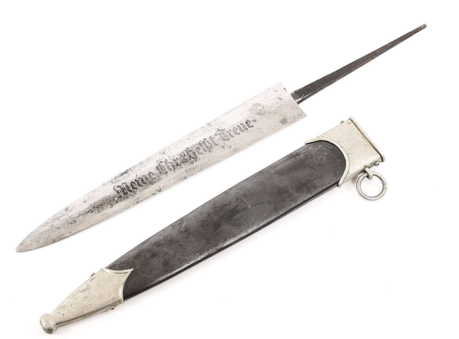 WWII GERMAN SS HIMMLER DAGGER By EICKHORN: WWII GERMAN SS HIMMLER DAGGER By EICKHORN Vet bring back, WWII German SS Dagger "Himmler dedication" blade with scabbard. Bright blade with visible crossgrain and acid etched SS motto "Meine Ehre heis