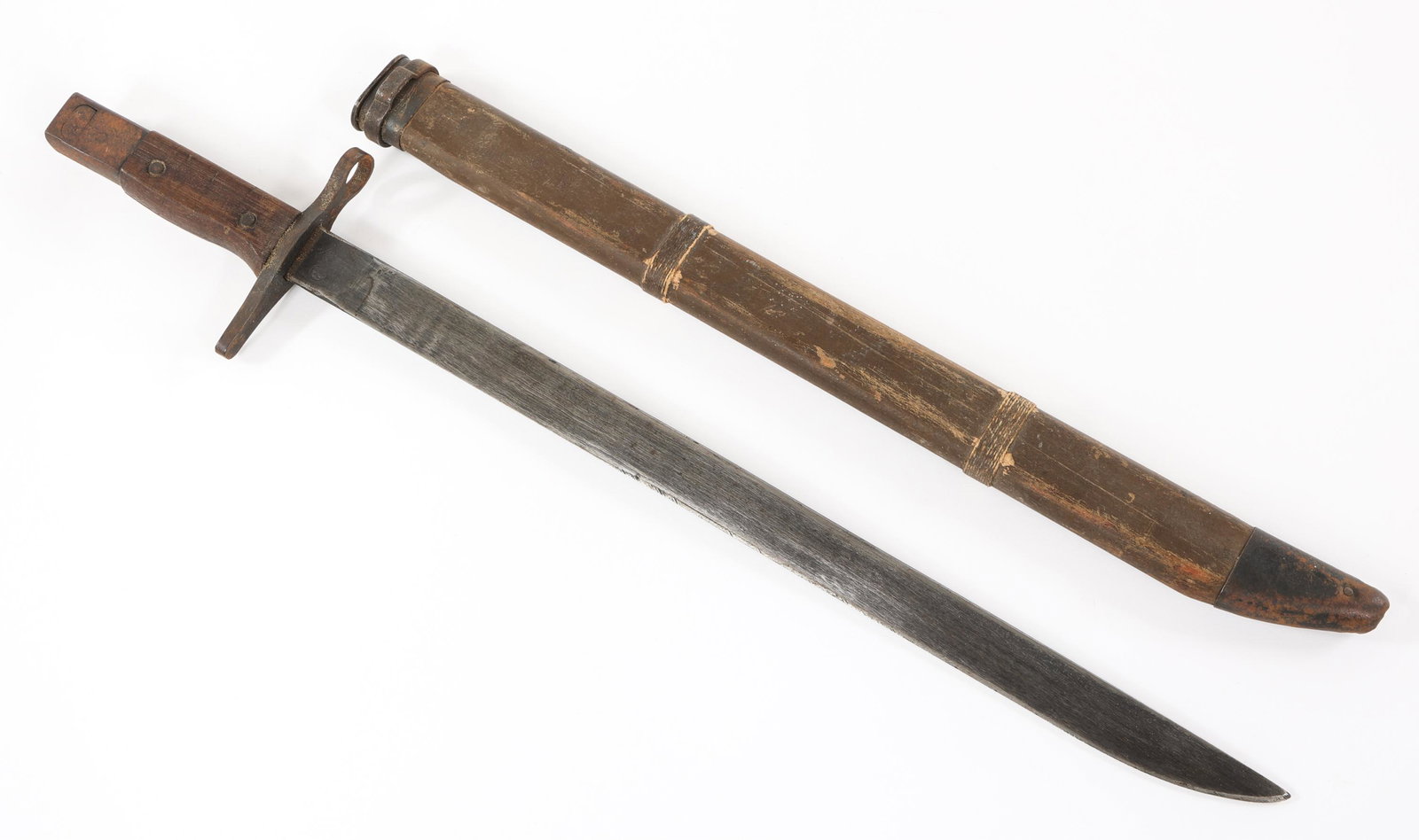 WWII JAPANESE LAST DITCH TYPE 30 BAYONET: WWII JAPANESE LAST DITCH TYPE 30 BAYONET WWII Japanese Last Ditch Bayonet Type 30. Blue blade (5% left) without fuller and straight cross guard. Manufacture logo "Toyoda Jido Shokki seisakusho Arsenal