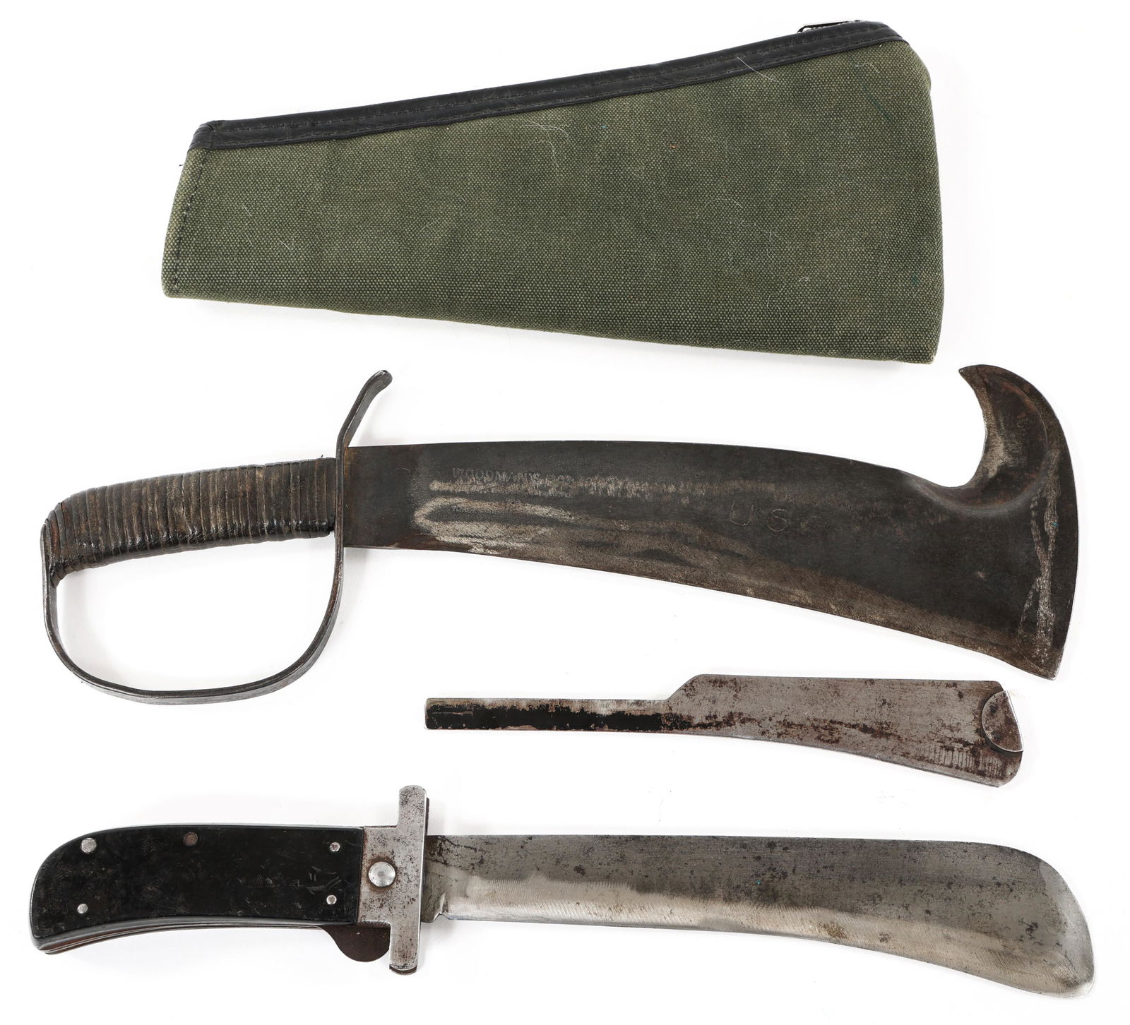 WWII US AAF WOODMAN & SURVIVAL FOLDING MACHETE: WWII US AAF WOODMAN & SURVIVAL FOLDING MACHETE Lot of 2 US AAF machete. (1) Woodman's Pal machete By Victor Tool Co. Civilian scabbard. Blade length: 12". Total length: 16.5". (1) WWII US AAF survival